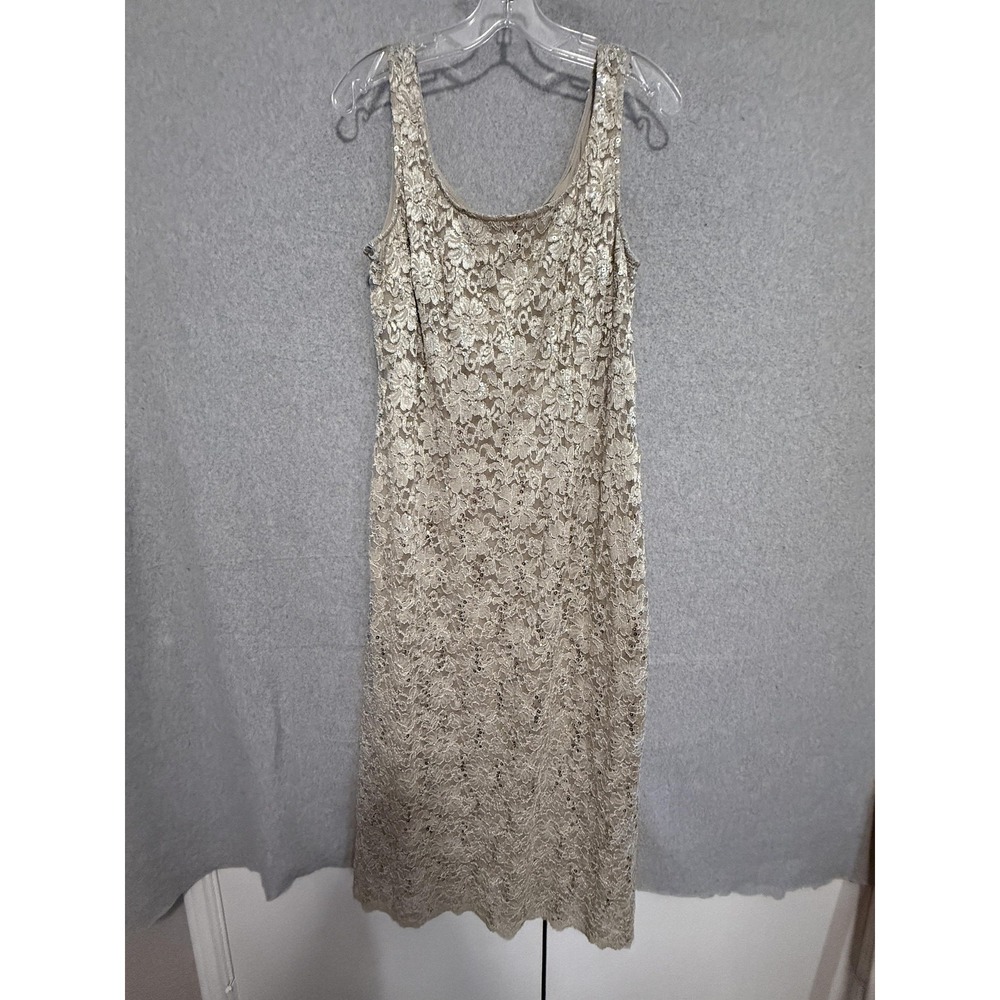 R‎ & M Collection Dress Womens 14 Gold Lace Sequin Scoop Neck Long Sheath Formal